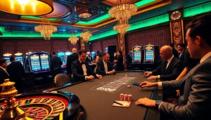 Gamblers enjoying a thrilling Daga-based poker game with colorful chips and cards in a luxurious casino.