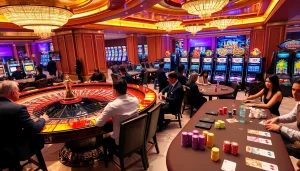 Players engaging in thrilling games at LV88's luxurious casino environment.