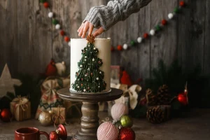 Decorated christmas cake with festive tree design