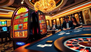 Experience the excitement of slot777 with vibrant casino slot machines and players engaged in action.