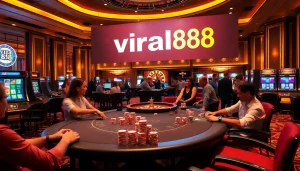 Engage in thrilling gaming at viral88 casino, featuring poker tables, roulette wheels, and vibrant slot machines.