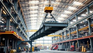 Bridge crane lifting a heavy steel beam in an industrial setting, emphasizing precision and efficiency.