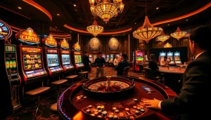 GG88 players enjoying a vibrant casino experience with slot machines and poker tables.