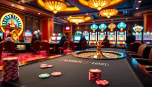 K9k9 casino table bustling with action, vibrant poker chips, and an elegant roulette wheel.