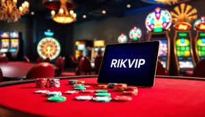 Engaging poker game scene with RIKVIP themed betting chips and an illuminated roulette wheel.
