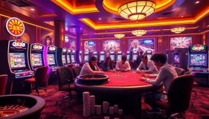 Experience the excitement of online gambling at OK88 with vibrant casino tables and slot machines.