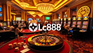 Excited players enjoying high-stakes gaming at Lc88 casino with vibrant lights and luxury decor.