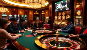 Players enjoy a thrilling poker game at 89bet's luxury casino, surrounded by vibrant slot machines.