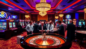 Players enjoying a thrilling KJC casino experience at a roulette table with colorful chips and cards.