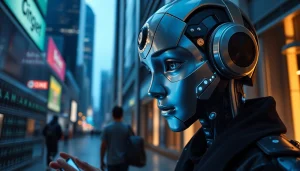 AI nsfw digital interaction scene with a virtual character in a futuristic urban setting.