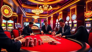 Win55 players strategizing at a luxury poker table in an upscale casino setting.
