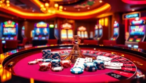 Experience the thrill of Gopay88 with an exciting casino scene featuring roulette, poker chips, and vibrant slot machines.