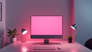 Bright pink screen illuminating a modern workspace, enhancing creativity and calm.