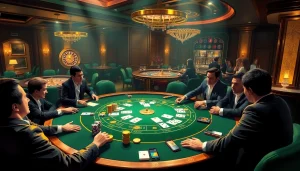 Players enjoying a thrilling poker game while managing their credit at a luxurious casino table.