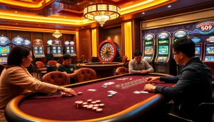 Engage in a thrilling poker game at the GO99 casino, surrounded by vibrant gaming elements.