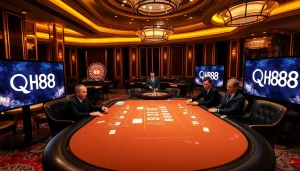 Playing poker at a luxurious casino table, showcasing QH88 promotions and high stakes ambiance.