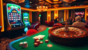 Players enjoying thrilling casino games, highlighting the luck8 experience with poker chips and roulette.