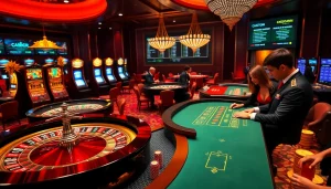 Vivez des paris palpitants dans un casino Bitcoin avec des tables luxueuses, des couleurs vives et des croupiers experts.