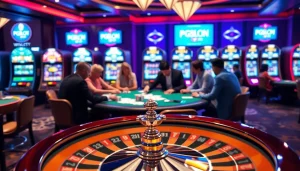 Engaged players at a lively poker table in a luxurious casino featuring PGSLOT IN branding.