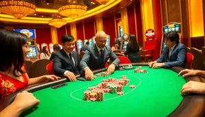 Action at an MM88 poker table with vibrant chips and excited players enhancing the gambling experience.