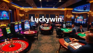 Experience the excitement of gaming at Luckywin's luxurious casino with vibrant tables and polished decor.