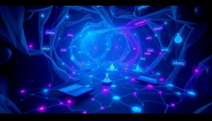 The Hidden Wiki's digital map showcasing .onion links in a dark web atmosphere with mysterious blue hues.