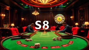 S8 offers exciting poker gameplay amidst an elegant casino backdrop full of vibrant colors and luxury.