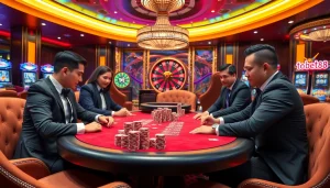 Players enjoying an intense poker game at tobet88 casino, surrounded by vibrant lights and luxury.