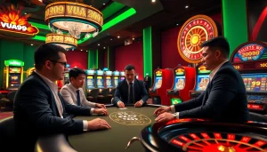 Vua99 gamblers strategizing over intense poker games at a luxurious casino table.
