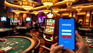 Engaging scene showcasing onicplay login at a luxurious casino with slot machines and poker tables.