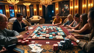 Play רמיקוב אונליין with friends at an elegant casino table featuring colorful tiles and poker chips.