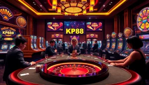 KP88 casino scene with players enjoying high-stakes poker and roulette games, enhancing the gambling experience.