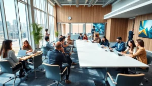 Commercial office space bustling with professionals collaborating in a modern environment.