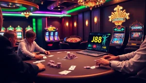 Players strategizing at a stylish poker table while enjoying j88 online gaming in a luxurious casino environment.