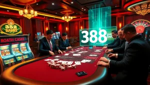 Experience the excitement of poker at 388bet's luxurious casino, featuring elite players and vibrant gaming elements.