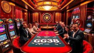 Players enjoying the GG88 gaming experience at a luxurious casino table with vibrant slot machines.