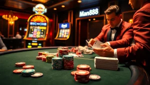 Experience the thrill of winning at Man88 casino with vibrant poker tables and lively slot machines.