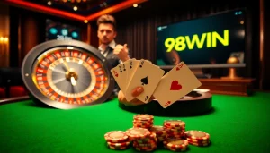 Experience high-stakes gaming at 98WIN's elegant casino tables filled with poker chips and cards.