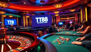 Gamblers enjoying classic games at a vibrant casino, featuring TT88 branding subtly.