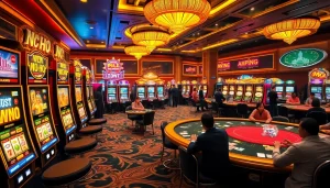 Exciting slot machines and players celebrating wins in a luxurious nổ hũ casino scene.