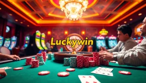 Experience the exciting atmosphere of Luckywin casino with vibrant poker tables and illuminated slot machines.