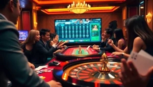 Players celebrating wins at the Vua99 gaming table with vibrant poker chips and luxurious ambiance.