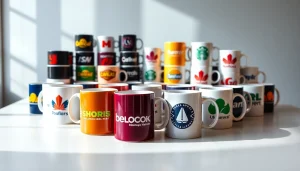 Individualūs puodeliai su ryškiais logotipais, demonstruojantys įmonių prekės ženklo kūrimo galimybes.