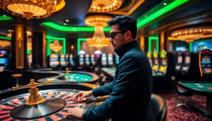 Luxurious casino scene featuring a stylish individual in Essentials Tracksuit placing bets at a roulette table.