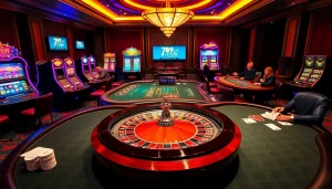 Engage with the thrilling atmosphere of đăng nhập 789club at a luxurious casino with roulette wheels and poker tables.