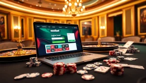 Engaging online gambling scene depicting sbobet login on a laptop with casino elements.