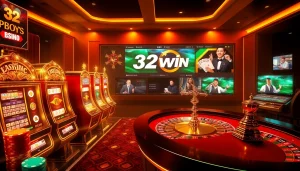 Exciting gaming scene at 32win trang chủ showcasing poker chips and a roulette wheel
