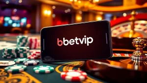 Trải nghiệm cảm giác hồi hộp của ứng dụng BetVIP trong một môi trường casino sang trọng, trưng bày chip poker và các quân bài.
