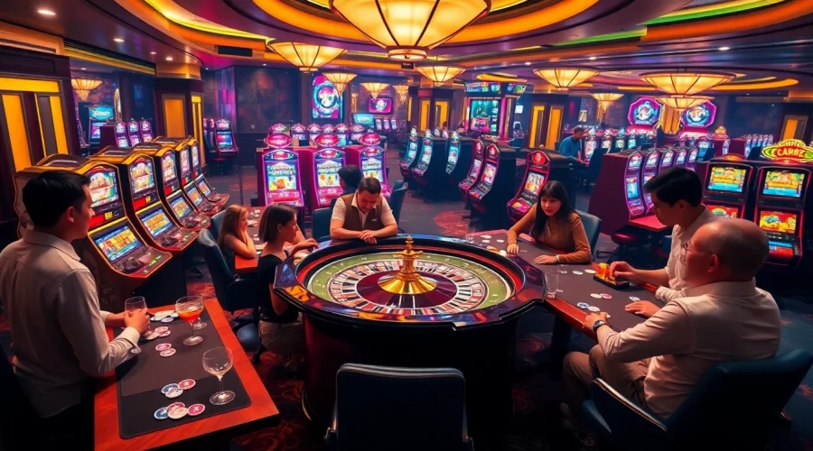 Eye-catching LV88 casino scene showcasing players at roulette and slot machines.