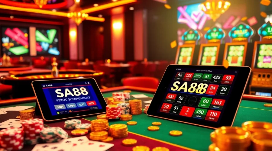 Engaged players enjoying the SA88 online gambling experience with vibrant casino elements.
